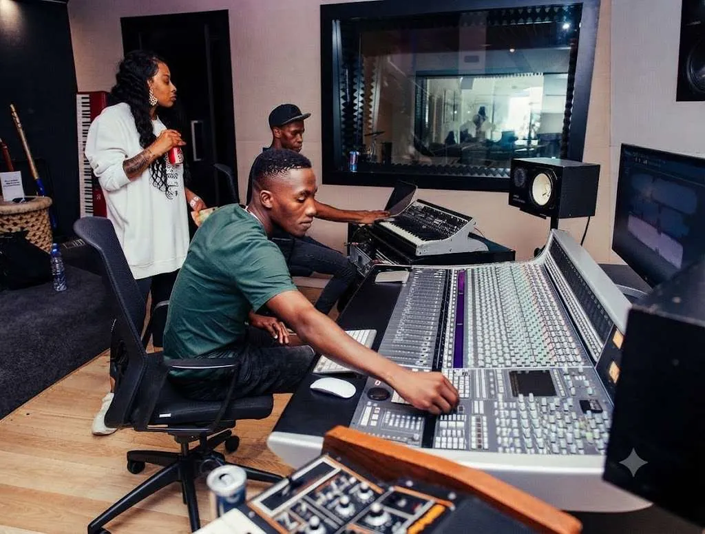 Une équipe travaille autour d’une console de mixage dans un studio.