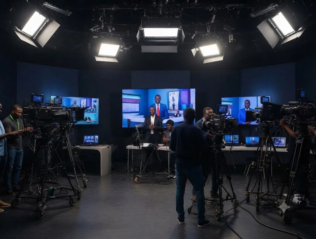 Équipe de tournage et caméras sur un plateau de télévision.