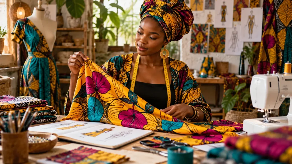 Illustration : créatrice travaillant un tissu imprimé dans son atelier.