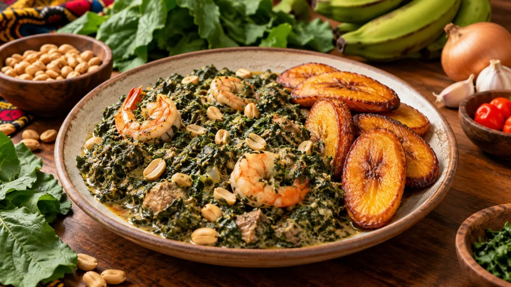 Illustration : plat de ndolé accompagné de plantains et d’ingrédients frais.