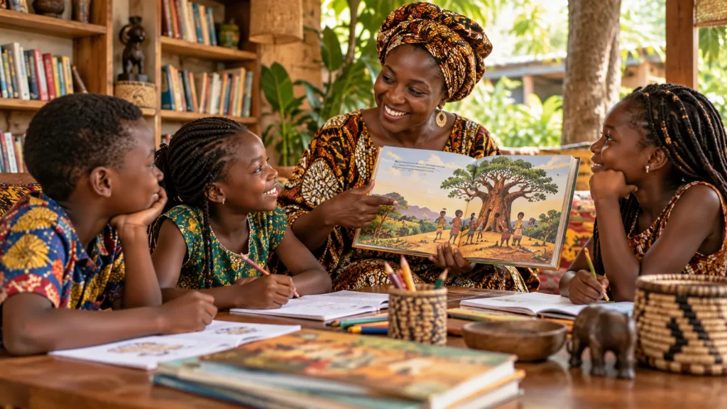 Illustration : enfants et conteuse partageant un moment de lecture.