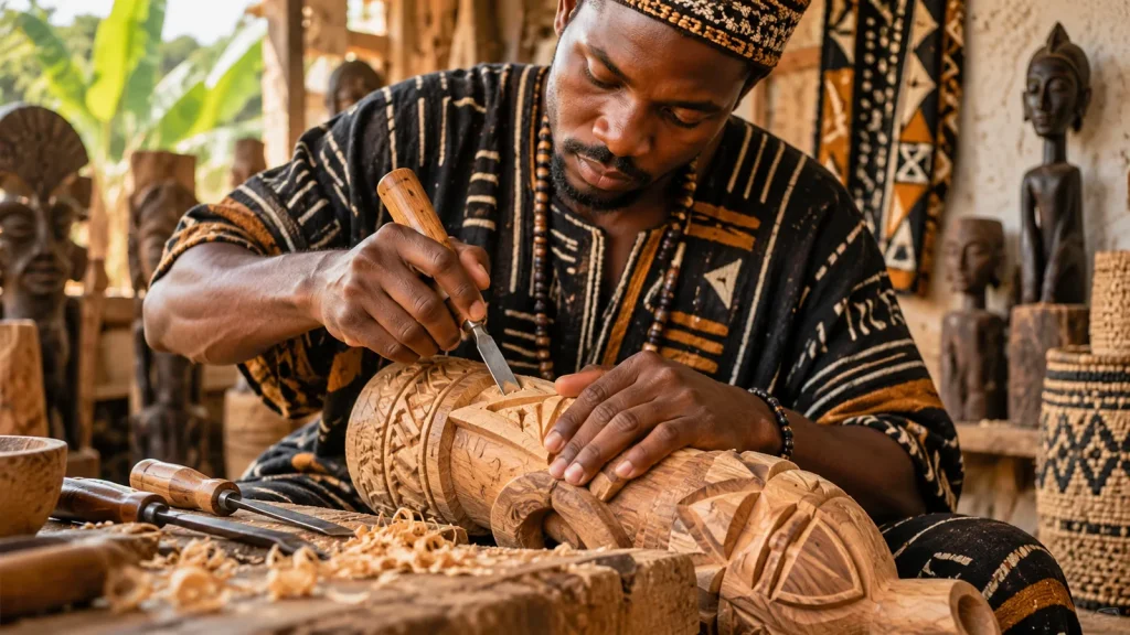 Illustration : artisan sculptant une pièce de bois dans un atelier.